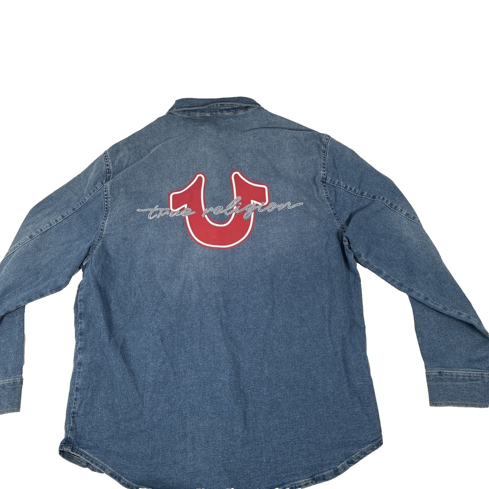 Women's True Religion Oversized Denim Crystal Logo Long Sleeve Shirt Size Medium